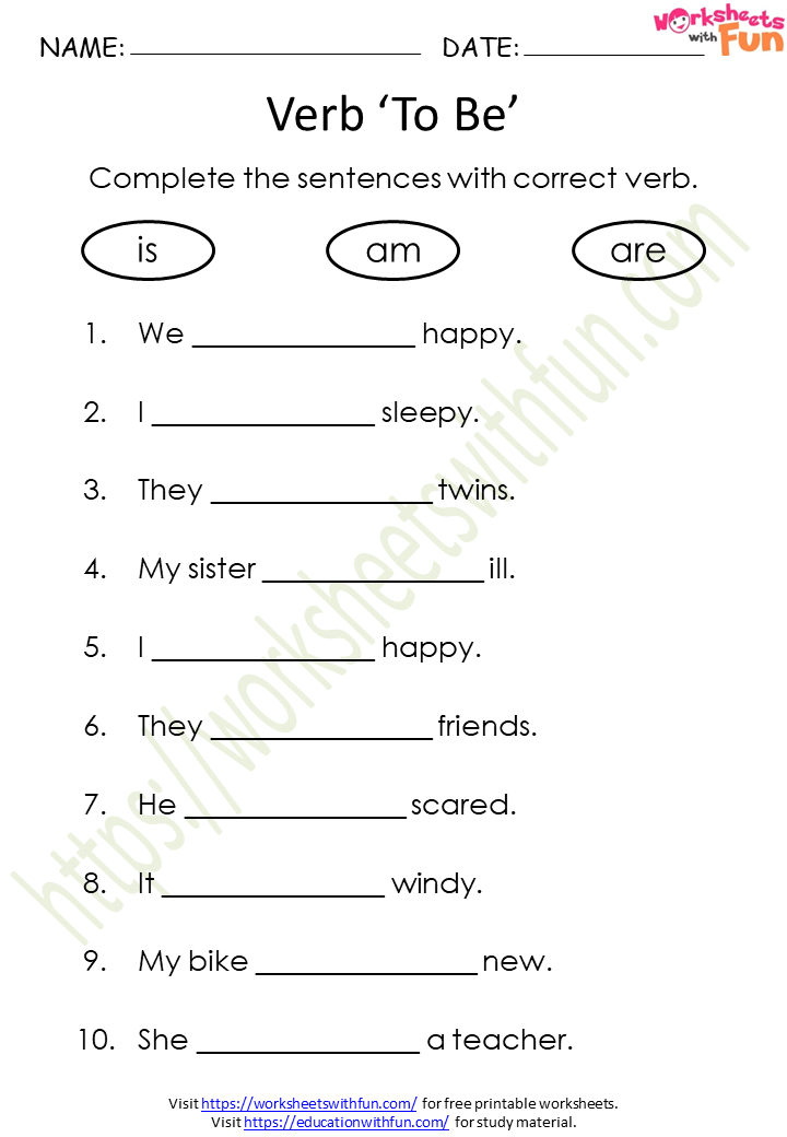 English Class 1 Verb To Be is Am Are Worksheet 2